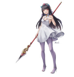 Rule 34 | 1girl, alternate costume, artist name, bare arms, bare shoulders, black hair, blunt bangs, breasts, cleavage cutout, closed mouth, clothing cutout, collarbone, commentary request, crescent, crescent hair ornament, dress, full body, genshin impact, grey pantyhose, hair ornament, hairband, hand up, high heels, highres, holding, holding polearm, holding weapon, long hair, looking at viewer, mool yueguang, nail polish, pantyhose, polearm, pom pom (clothes), red eyes, red nails, sandals, short dress, sidelocks, signature, simple background, sleeveless, sleeveless dress, small breasts, smile, solo, spear, standing, strappy heels, tassel, toeless footwear, turtleneck, weapon, white background, white dress, white hairband, yun jin (genshin impact)