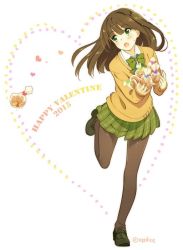 Rule 34 | 10s, 2015, :o, artist name, bag, black footwear, black pantyhose, blush, bow, bowtie, brown hair, cardigan, collared shirt, cookie, english text, food, full body, gift, green bow, green bowtie, green eyes, green skirt, happy valentine, heart, leg up, loafers, long hair, long sleeves, original, pantyhose, plaid, plaid skirt, plastic bag, pleated skirt, school uniform, shirt, shoes, skirt, solo, standing, standing on one leg, sweatdrop, twitter username, white background, white shirt, wing collar, zpolice