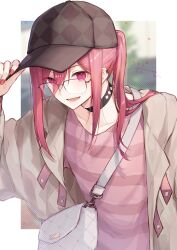 Rule 34 | 1boy, bag, black choker, black hat, blue lock, brown jacket, chigiri hyoma, choker, collarbone, glasses, guribato, hand up, hat, highres, jacket, long hair, long sleeves, looking at viewer, male focus, open mouth, pink nails, pink shirt, ponytail, red eyes, red hair, shirt, smile, solo, upper body
