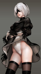 Rule 34 | 1girl, as109, black dress, black hairband, blindfold, boots, cleavage cutout, clothes lift, clothing cutout, commentary request, covered eyes, covered navel, cowboy shot, dress, feather-trimmed sleeves, grey background, hairband, highleg, highleg leotard, highres, juliet sleeves, leotard, lifting own clothes, lips, long sleeves, mole, mole under mouth, nier (series), nier:automata, parted lips, puffy sleeves, revision, ribbed dress, silver hair, simple background, skirt, skirt lift, solo, thigh boots, thighhighs, thighhighs under boots, thighs, vambraces, white leotard, 2b (nier:automata)