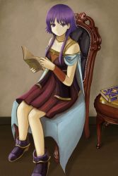 Rule 34 | 1girl, bare shoulders, book, boots, bracer, cape, chair, dress, fire emblem, fire emblem: the sacred stones, highres, jewelry, kage (detteiutteiu), long hair, lute (fire emblem), necklace, nintendo, purple eyes, purple hair, reading, sitting, solo, table, twintails