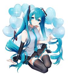 Rule 34 | 1girl, absurdres, ahoge, balloon, bare shoulders, black footwear, black skirt, black sleeves, blue eyes, blue hair, blue necktie, boots, collared shirt, crossed bangs, detached sleeves, dot nose, grey shirt, hand on floor, hatsune miku, heart balloon, highres, long hair, looking at viewer, necktie, parted lips, pleated skirt, seiza, shirt, simple background, sitting, skirt, sleeveless, sleeveless shirt, solo, sparkle, thigh boots, twintails, tyazakura sayu, very long hair, vocaloid, white shirt