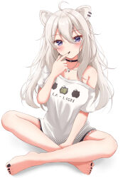 Rule 34 | 1girl, absurdres, ahoge, animal ears, barefoot, black nails, blush, commentary request, feet, finger to mouth, full body, grey hair, hair between eyes, highres, hololive, indian style, lion ears, lion girl, long hair, looking at viewer, nail polish, purple eyes, rinkaa (lovelive765pro2), shirt, shishiro botan, shishiro botan (casual), simple background, sitting, solo, virtual youtuber, white background, white shirt