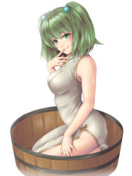 Rule 34 | 1girl, alternate costume, bad id, bad pixiv id, blush, breasts, bucket, china dress, chinese clothes, dress, female focus, green eyes, green hair, hair bobbles, hair ornament, in container, kisume, large breasts, matching hair/eyes, mochi.f, aged up, short hair, smile, solo, touhou, twintails