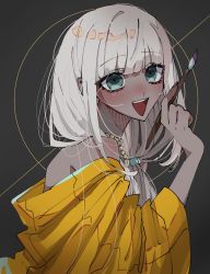 Rule 34 | 1girl, :d, bead necklace, beads, blush, brown background, danganronpa (series), danganronpa v3: killing harmony, from side, green eyes, grey hair, hand up, highres, holding, jacket, jewelry, long hair, long sleeves, low twintails, necklace, off shoulder, open mouth, orange jacket, ru-pe (gstm 0915), shiny skin, simple background, smile, solo, teeth, twintails, upper teeth only, yonaga angie