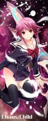 Rule 34 | 10s, 1girl, aki663, black thighhighs, bow, bowtie, chaos;child, collarbone, feathers, looking at viewer, onoe serika, pink hair, red bow, red eyes, school uniform, short hair with long locks, smile, solo, sword, thighhighs, weapon, white feathers