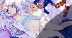 Rule 34 | 1girl, absurdres, arm up, blue bra, blue eyes, blush, bra, breasts, brown footwear, character doll, cleavage, dress shirt, from above, gochuumon wa usagi desu ka?, groin, hair between eyes, hair ornament, highres, hoto cocoa, kafuu chino, loafers, long hair, long sleeves, lying, navel, on back, open clothes, open mouth, open shirt, panties, panty pull, pulling own clothes, shiro hebi rei, shirt, shoes, silver hair, small breasts, socks, solo, triangle mouth, underwear, very long hair, white shirt, white socks, x hair ornament