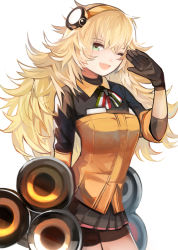 Rule 34 | 1girl, ;d, bike shorts, black gloves, black shorts, black skirt, blonde hair, breasts, commentary request, fang, girls&#039; frontline, gloves, green eyes, hair between eyes, hair ornament, hand up, highres, jacket, long hair, looking at viewer, one eye closed, open mouth, orange jacket, pleated skirt, s.a.t.8 (girls&#039; frontline), shield module, short shorts, short sleeves, shorts, shorts under skirt, simple background, skirt, small breasts, smile, solo, tarbo (exxxpiation), very long hair, white background