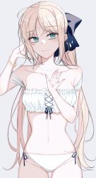 Rule 34 | ahoge, artoria caster (fate), artoria caster (third ascension) (fate), artoria pendragon (fate), bare arms, bare shoulders, black ribbon, blue bow, bow, bracelet, breasts, closed mouth, collarbone, fate/grand order, fate (series), gluteal fold, green eyes, hair between eyes, hair bow, highres, jewelry, looking at viewer, mati5572, medium breasts, panties, diamond (shape), ribbon, smile, stomach, thigh gap, twintails, underwear, white background, white panties
