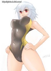 Rule 34 | 10s, 1girl, bad id, bad pixiv id, ben-tou, breasts, competition swimsuit, ginko (silver fox), hands on own hips, large breasts, one-piece swimsuit, red eyes, short hair, silver hair, smile, solo, swimsuit, yarizui sen