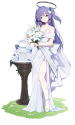 Rule 34 | 1girl, absurdres, alternate costume, bare legs, bare shoulders, blue archive, blush, bouquet, cake, collarbone, dress, flower, food, full body, gnns, halo, highres, holding, holding bouquet, lily (flower), long hair, purple hair, smile, solo, strapless, strapless dress, two side up, very long hair, wedding cake, wedding dress, white dress, white flower, white footwear, yuuka (blue archive)