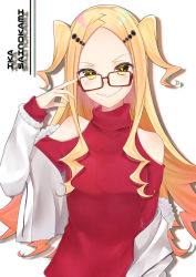 Rule 34 | 10s, 1girl, blonde hair, brown-framed eyewear, character name, clothing cutout, commentary request, forehead, fur-trimmed jacket, fur-trimmed sleeves, fur trim, glasses, grin, hair ornament, highres, jacket, lightning bolt symbol, long hair, off shoulder, parted bangs, red shirt, ryuuou no oshigoto!, sainokami ika, sharp teeth, shiarisu, shirt, shoulder cutout, smile, solo, symbol-shaped pupils, teeth, two side up, very long hair, white background, white jacket, yellow eyes