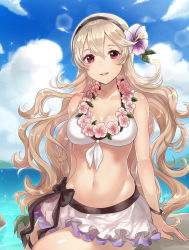 Rule 34 | 1girl, bikini, black hairband, blonde hair, blue sky, breasts, cleavage, cloud, commentary request, corrin (female) (fire emblem), corrin (female) (summer) (fire emblem), corrin (fire emblem), day, fire emblem, fire emblem fates, fire emblem heroes, flower, hair flower, hair ornament, hairband, haru (nakajou-28), highres, long hair, looking at viewer, medium breasts, navel, nintendo, official alternate costume, outdoors, parted lips, red eyes, sitting, sky, smile, solo, swimsuit, water, wreath