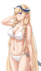 Rule 34 | 1girl, absurdres, arknights, bare arms, bare shoulders, bikini, blonde hair, blue eyes, blue hairband, braid, breasts, commentary request, cowboy shot, gongbangmanchi (daisy cutter), hairband, hand in own hair, highres, horns, large breasts, long hair, looking at viewer, navel, pointy ears, saileach (arknights), simple background, solo, standing, stomach, swimsuit, thighs, twin braids, very long hair, white background, white bikini