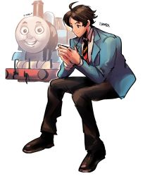 Rule 34 | bad id, bad twitter id, blazer, brown hair, character name, highres, invisible chair, jacket, kendy (revolocities), locomotive, male focus, own hands together, personification, projected inset, school uniform, simple background, sitting, smile, solo, steam locomotive, thomas the tank engine, thomas the tank engine (character), white background
