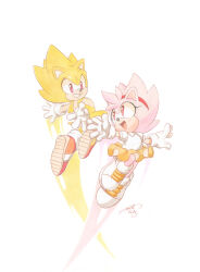 Rule 34 | 1boy, 1girl, classic amy rose, dated, finik, furry, furry female, furry male, gloves, highres, open mouth, shoes, signature, simple background, sonic (series), sonic the hedgehog, super amy rose, super sonic, white background, white gloves