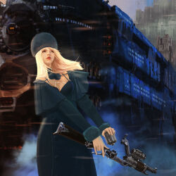 Rule 34 | 1girl, beam rifle, blonde hair, bluredge, building, cityscape, cloak, commentary, dress, energy gun, energy weapon, english commentary, english text, ginga tetsudou 999, green eyes, hat, highres, light, lips, long hair, machinery, maetel, open mouth, original, ray gun, realistic, redesign, science fiction, space train, spacecraft, steampunk, surprised, three-nine (space train), title, train, upper body, weapon, window