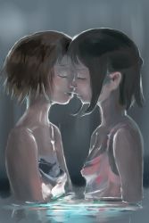 Rule 34 | 2girls, arms at sides, bad id, bad pixiv id, bare shoulders, black hair, breasts, brown hair, cleavage, closed eyes, couple, eyebrows, face-to-face, forehead-to-forehead, from side, grey background, heads together, highres, imminent kiss, itodome, lips, multiple girls, nose, open mouth, original, partially submerged, profile, short hair, sidelocks, simple background, sleeveless, small breasts, upper body, water, wet, yuri
