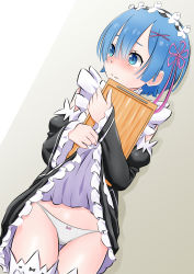 Rule 34 | 1girl, absurdres, beige background, blue eyes, blue hair, blush, bow, bow panties, breasts, cleavage, clothes lift, commentary request, crotch seam, detached sleeves, dress, dress lift, frilled dress, frills, hair ornament, hair over one eye, hair ribbon, highres, lifted by self, maid, maid headdress, medium breasts, panties, pink ribbon, re:zero kara hajimeru isekai seikatsu, rem (re:zero), ribbon, short hair, simple background, sirokohi, smile, solo, thighhighs, underwear, white background, white panties, white thighhighs, x hair ornament