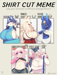 Rule 34 | 5girls, ^ ^, angry, animal ears, black hair, black shorts, blue eyes, blue one-piece swimsuit, blue skin, body fur, breasts, chart, cleavage, cleavage cutout, closed eyes, clothing cutout, colored skin, covering privates, covering breasts, crescent, dated, english text, engrish text, fangs, furry, furry female, grey background, hair over one eye, hakama, hakama skirt, highres, horns, huge breasts, japanese clothes, kimono, kishibe, large breasts, long hair, looking at viewer, medium breasts, meme, miko, multicolored hair, multiple drawing challenge, multiple girls, navel, nude, one-piece swimsuit, one eye closed, original, pink hair, ranguage, red hakama, shirt, shirt cut meme, short hair, shorts, sideboob, signature, skirt, sweater, swimsuit, turtleneck, turtleneck sweater, twitter username, underboob, v, white hair, white kimono, white shirt, white sweater