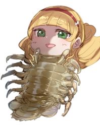 Rule 34 | 1girl, :d, blonde hair, bow (bhp), crustacean, green eyes, hairband, heanna sumire, human head, isopod, long hair, looking at viewer, love live!, love live! superstar!!, monster girl, open mouth, red hairband, simple background, smile, solo, what, white background