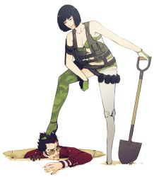Rule 34 | 1boy, 1girl, black hair, bleeding, blood, breasts, cleavage, explosive, front-tie top, gloves, grasshopper manufacture, grenade, hanpetos, hole, holly summers, no more heroes, prosthesis, prosthetic leg, shovel, sunglasses, thighhighs, travis touchdown, vest, worktool