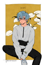 Rule 34 | 1boy, black pants, blue hair, border, branch, casual, character name, clenched hands, glasses, green eyes, hibidaikansya2, himuro inori, invisible chair, leaf, light smile, long sleeves, looking at viewer, male focus, outside border, own hands together, pants, shirt, shoes, short hair, sitting, sleeves past wrists, solo, tokimeki memorial, tokimeki memorial girl&#039;s side 4th heart, twitter username, uneven eyes, white shirt, yellow background, zipper pull tab