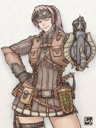 1girl ;) belt belt_buckle belt_pouch bike_shorts black_belt black_shorts brown_vest buckle closed_mouth cowboy_shot goggles goggles_on_head hand_on_own_hip hand_up leather_(armor) legs_apart medium_hair monster_hunter_(character) monster_hunter_(series) one_eye_closed pink_eyes pink_hair pink_lips ponytail pouch shorts smile solo split_mouth standing tanabanata thigh_belt thigh_strap vest