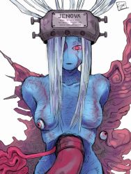 Rule 34 | 1girl, alien, blue skin, breasts, colored skin, english text, espedraws, extra eyes, final fantasy, final fantasy vii, hair over one eye, highres, jenova, long hair, medium breasts, no nipples, red eyes, solo, square enix, tube, white background, white hair
