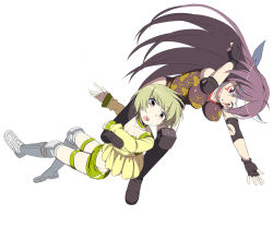 Rule 34 | 2girls, black gloves, blonde hair, blush, boots, character request, collar, collarbone, female focus, fighting, fingerless gloves, gloves, headband, long hair, long sleeves, midriff, multiple girls, naeumi tomono, open mouth, pink eyes, purple eyes, purple hair, ring dream, short hair, shorts, simple background, tattoo, tori0714, white background