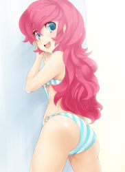 Rule 34 | 1girl, ass, bad deviantart id, bad id, blue eyes, blush, bra, breasts, curly hair, eyes visible through hair, highres, long hair, looking at viewer, my little pony, my little pony: friendship is magic, panties, personification, pink hair, pinkie pie, rabioque, solo, striped bra, striped clothes, striped panties, swimsuit, underwear, underwear only, wall