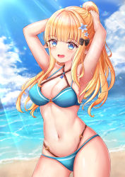 Rule 34 | 1girl, :d, armpits, arms behind head, arms up, bare arms, bare shoulders, beach, bikini, black bikini, black bow, blonde hair, blue bikini, blue eyes, blue flower, blue sky, blush, bow, breasts, cleavage, cloud, commentary request, day, flower, hair bow, hair flower, hair ornament, layered bikini, long hair, looking at viewer, medium breasts, navel, nezumi (09261377), o-ring, o-ring bikini, o-ring bottom, o-ring top, open mouth, outdoors, pointy ears, ponytail, princess connect!, sand, saren (princess connect!), saren (summer) (princess connect!), sky, smile, solo, sunlight, swimsuit, very long hair