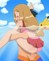 Rule 34 | 1boy, 1girl, animated, animated gif, ash ketchum, black hair, blonde hair, blush, brown hair, clothed sex, clothing aside, cloud, creatures (company), day, game freak, gen 1 pokemon, hetero, jitan (jjvm4477), lifebuoy, nintendo, panties, panties aside, partially submerged, partially underwater shot, penis, pikachu, pokemon, pokemon (anime), pokemon xy (anime), serena (pokemon), sex, sky, smile, standing, standing sex, straddling, swim ring, swimsuit, testicles, themed object, uncensored, underwater, underwater sex, underwear, upright straddle