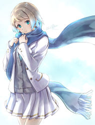 Rule 34 | 1girl, absurdres, blonde hair, blue eyes, blue scarf, clear glass (mildmild1311), coat, earrings, fire emblem, fire emblem heroes, fjorm (fire emblem), green hair, highres, holding, holding clothes, holding scarf, jewelry, leggings, looking at viewer, multicolored hair, nintendo, pleated skirt, scarf, short hair, skirt, smile, solo, two-tone hair, watermark, white background, white skirt