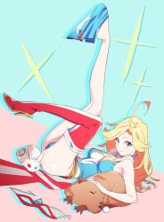 Rule 34 | 1girl, ahoge, bare shoulders, blonde hair, blue background, blue eyes, blue leotard, breasts, cleavage, cleavage cutout, clothing cutout, eye mask, full body, henken, highres, kamen america, kamen america (comic), legs up, leotard, long hair, looking at viewer, lying, mask, medium breasts, on back, red thighhighs, second-party source, single thighhigh, smile, solo, sparkle, star cutout, thighhighs, unworn mask, white thighhighs