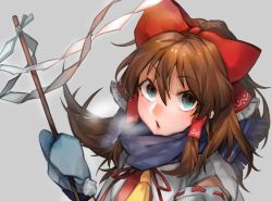 Rule 34 | 1girl, bow, brown hair, detached sleeves, gohei, gradient background, grey background, hair bow, hair tubes, hakurei reimu, highres, long hair, looking at viewer, red bow, ribbon, scarf, shidaccc, solo, touhou, yellow neckwear