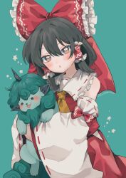 Rule 34 | 1girl, :o, animal, ascot, bare shoulders, black hair, blush, bow, brown eyes, commentary request, cowboy shot, detached sleeves, frilled bow, frilled hair tubes, frills, green background, hair bow, hair tubes, hakurei reimu, highres, holding, holding animal, horns, komano aunn, komano aunn (komainu), long hair, looking at viewer, open mouth, orange ascot, red bow, red skirt, red vest, ribbon-trimmed sleeves, ribbon trim, single horn, skirt, sleeve bow, touhou, twitter username, uchisaki himari, vest, white sleeves, wide sleeves
