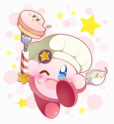 Rule 34 | ;d, blue eyes, blush stickers, cake, chef hat, commentary request, cup, food, food on face, fork, hat, hat ornament, kirby, kirby (series), looking at viewer, neru (neruneruru), nintendo, no humans, one eye closed, open mouth, pink background, polka dot, polka dot background, smile, solo, sparkling eyes, star (symbol), star hat ornament, starry background, teacup, white background, white hat