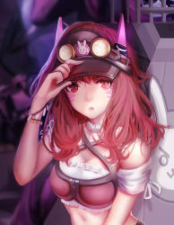 Rule 34 | &gt;:3, 1girl, :3, alternate costume, arm at side, armband, bad id, bad pixiv id, bare shoulders, bracelet, breasts, brown eyes, brown hair, brown hat, choker, cleavage, d.va (overwatch), eyelashes, facepaint, facial mark, feng yezi, frilled choker, frills, goggles, goggles on headwear, hand on headwear, hand up, hat, highres, jewelry, long hair, looking at viewer, medium breasts, open mouth, overwatch, overwatch 1, slit pupils, solo, upper body, v-shaped eyebrows, visor cap, whisker markings
