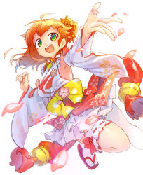 Rule 34 | 1girl, ahoge, armpits, bell, bridal garter, cherry blossom print, detached sleeves, floral print, green eyes, hair bell, hair ornament, hairclip, highres, hololive, looking at viewer, magenta (atyana), open mouth, paw print, paw print pattern, petals, red hair, sakura miko, sakura miko (1st costume), sandals, solo, teeth, upper teeth only, virtual youtuber, white background, white legwear, wide sleeves