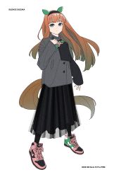 Rule 34 | 1girl, absurdres, acubi tomaranai, animal ears, black jacket, black skirt, character name, closed mouth, dot nose, english text, full body, gradient hair, green eyes, hairband, hand on own chest, high collar, high tops, highres, horse ears, horse girl, horse tail, jacket, layered skirt, long hair, long sleeves, looking at viewer, multicolored hair, nike (company), orange hair, pantyhose, pink footwear, product placement, shoes, silence suzuka (umamusume), simple background, skirt, sneakers, solo, standing, tail, umamusume, white background