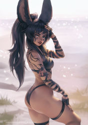 Rule 34 | 1girl, animal ears, ass, warrior of light (ff14), back tattoo, beach, bikini, black bikini, black hair, blue eyes, breasts, commentary, commission, cowboy shot, english commentary, eva solo, facepaint, fangs, final fantasy, final fantasy xiv, from side, hand on own head, hand on own thigh, highres, long hair, looking at viewer, looking to the side, medium breasts, ocean, open mouth, pinup (style), ponytail, rabbit ears, rabbit girl, realistic, red lips, solo, swimsuit, tattoo, teeth, thigh strap, thighs, upper teeth only, viera
