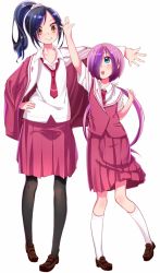 Rule 34 | 2girls, arm up, black hair, blush, brown eyes, coat, green eyes, hair over one eye, hato haru, iwadate yuan, long hair, motouchi naruka, multiple girls, open mouth, outstretched arms, pantyhose, purple hair, saki (manga), school uniform, short hair, side ponytail, spread arms, twintails, vest
