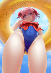 Rule 34 | 1girl, absurdres, alternate costume, antenna hair, azur lane, blue one-piece swimsuit, blue sky, blush, breasts, cang se ye hua, closed mouth, covered navel, day, double bun, flower, from below, hair bun, hair flower, hair ornament, highres, innertube, lifebuoy, long hair, looking at viewer, looking down, one-piece swimsuit, pink hair, purple eyes, red flower, red ribbon, ribbon, saratoga (azur lane), school swimsuit, sky, solo, swim ring, swimsuit, water drop