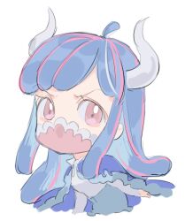 Rule 34 | 1girl, ahoge, blue cape, blue hair, blue skirt, cape, chibi, covered mouth, curled horns, dinosaur girl, horns, long hair, lowres, mask, mouth mask, multicolored hair, one piece, pink eyes, pink hair, pink mask, raine (acke2445), simple background, skirt, solo, streaked hair, ulti (one piece), white background