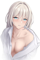 Rule 34 | 1girl, absurdres, alternate costume, an-94 (girls&#039; frontline), aqua eyes, blonde hair, blue eyes, blush, breasts, cleavage, collarbone, constantine-xii, defy (girls&#039; frontline), girls&#039; frontline, hair between eyes, highres, long hair, looking at viewer, open clothes, open mouth, open shirt, parted lips, shirt, small breasts, solo, upper body, white background, white shirt