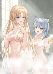Rule 34 | 2girls, :d, ahoge, animal ears, blonde hair, blue eyes, blue hair, breasts, cat ears, cat girl, cat tail, cleavage, collarbone, completely nude, convenient censoring, hands up, higeneko, large breasts, long hair, looking at another, medium hair, multiple girls, navel, nude, open mouth, original, showering, small breasts, smile, soap bubbles, steam, steam censor, tail, very long hair, wet