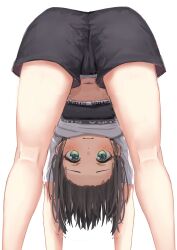 Rule 34 | 1girl, absurdres, all fours, ass, bare legs, black shorts, black sports bra, blue eyes, blush, brown hair, cameltoe, character name, closed mouth, commentary request, cropped shirt, eyelashes, feet out of frame, from behind, gradient eyes, green eyes, highres, hololive, hololive dance practice uniform, kneepits, legs, looking at viewer, looking through own legs, medium hair, midriff, multicolored eyes, navel, oozora subaru, shirt, short shorts, shorts, simple background, solo, sports bra, starkamisan, thighs, virtual youtuber, white background, white shirt