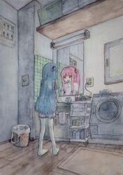 Rule 34 | 2girls, absurdres, barefoot, bathroom, blue hair, bone 71, commentary request, different reflection, electrical outlet, facing away, faucet, fluorescent lamp, from behind, grey shorts, hair dryer, highres, indoors, kotonoha akane, kotonoha aoi, long hair, looking at mirror, low-tied sidelocks, mirror, multiple girls, nervous sweating, one side up, open mouth, painting (medium), pink hair, red eyes, reflection, short sleeves, shorts, siblings, sidelocks, sink, sisters, standing, sweat, traditional media, trash can, voiceroid, washing machine, watercolor (medium), wide shot, window, wooden floor