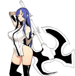 Rule 34 | 1girl, artist request, axe, bare shoulders, battle axe, blue hair, breasts, curvy, dress, female focus, gloves, hime cut, holding, holding weapon, large breasts, long hair, nipples, no bra, pelvic curtain, red eyes, shiny skin, short dress, simple background, solo, standing, taimanin (series), taimanin asagi, taimanin murasaki, taut clothes, weapon, white background, yatsu murasaki